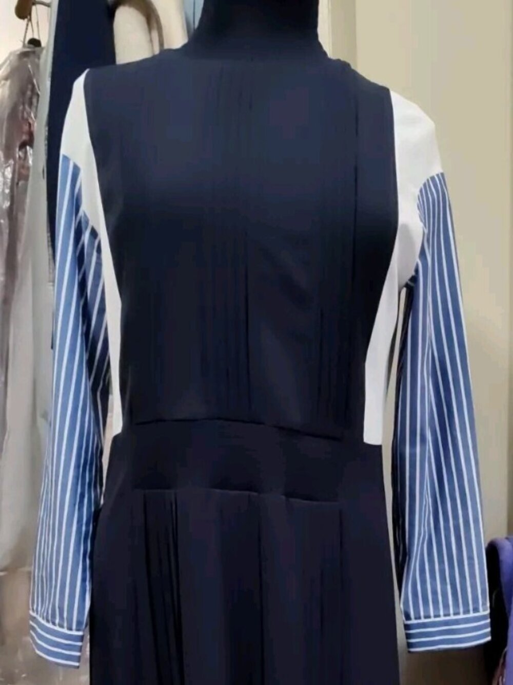 Japan Long Pleated Mixed Fabric Long Dress High Neck Sz M